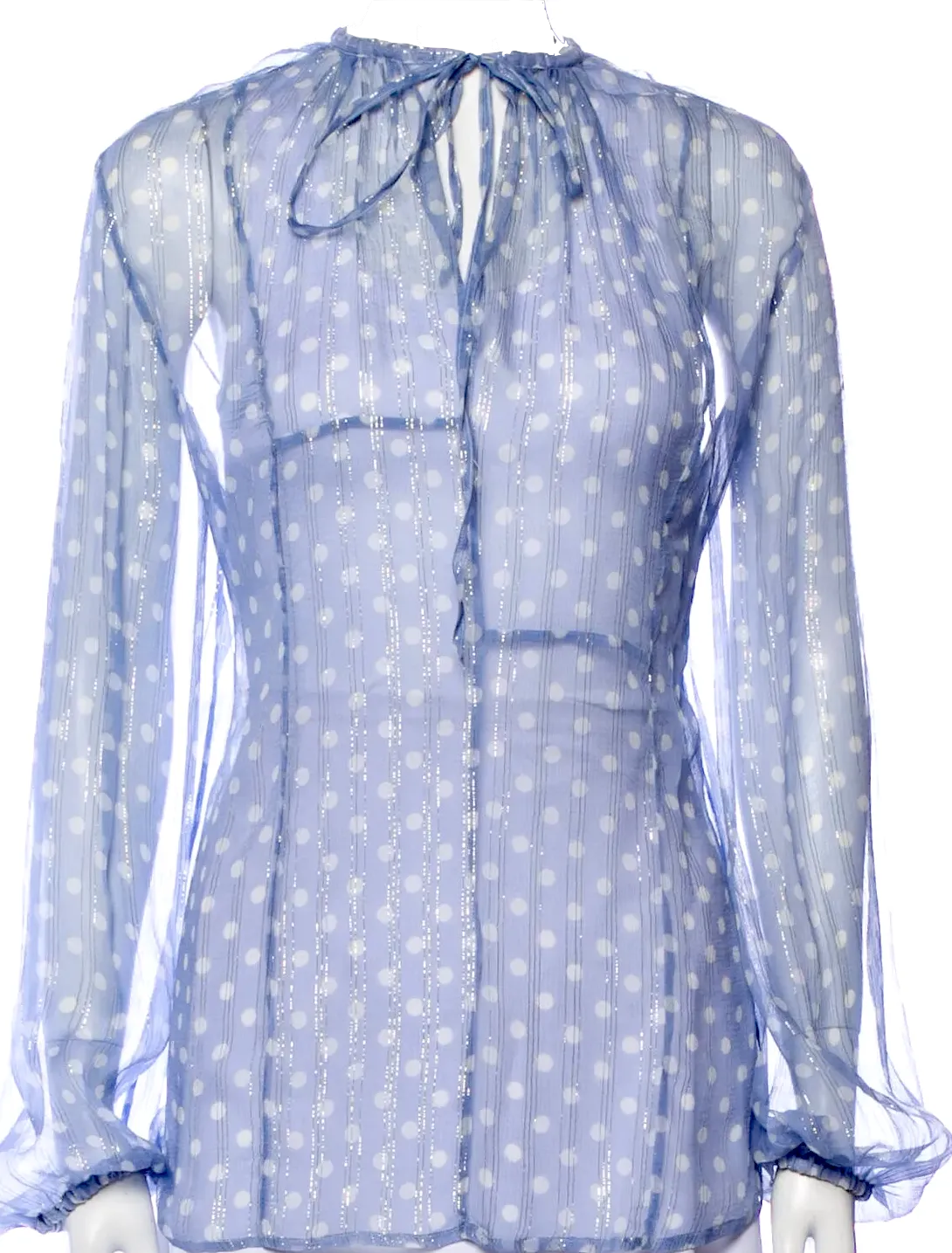 Haider Ackermann Belgium.  Blue Polka Dot Print Tie Neck Blouse