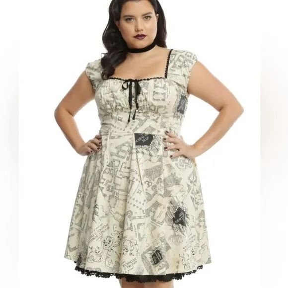 Harry Potter Marauders Map Dress Hot Topic Corset Back Fit &amp; Flare Size XL