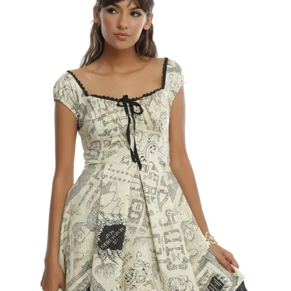 Harry Potter Marauders Map Dress Hot Topic Corset Back Fit &amp; Flare Size XL