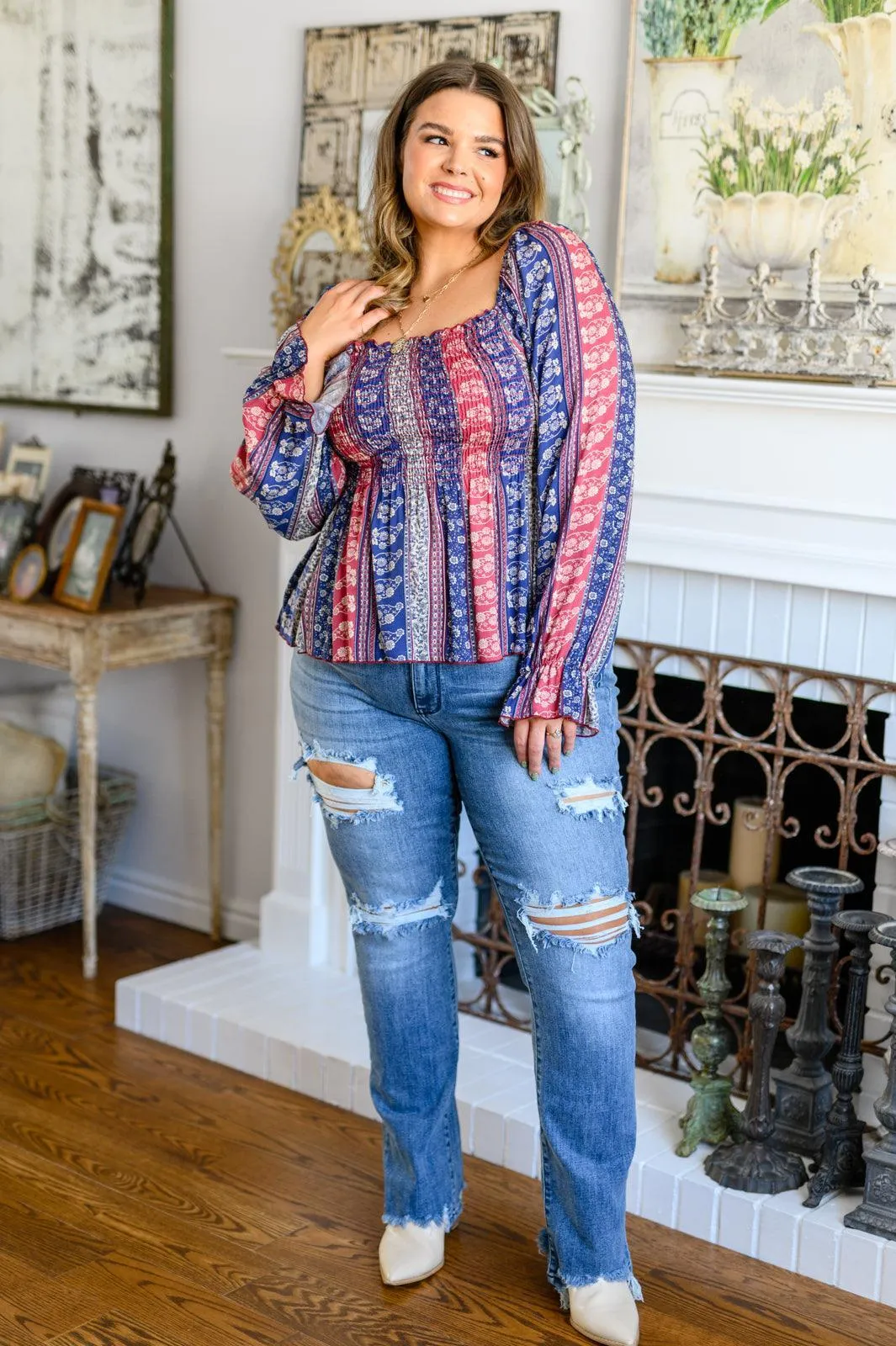 Hazel Blues® | Afternoon Tea Smocked Long Sleeve Blouse