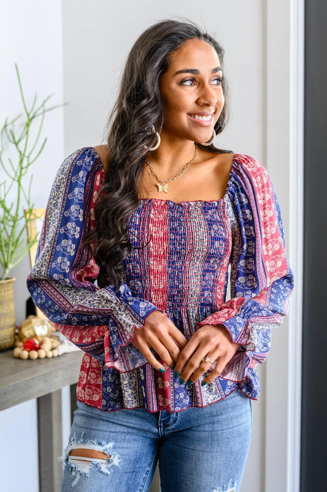Hazel Blues® | Afternoon Tea Smocked Long Sleeve Blouse
