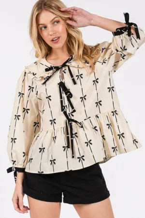 Hazel Blues® |  SAGE   FIG Bow Print Tie Front Babydoll Blouse