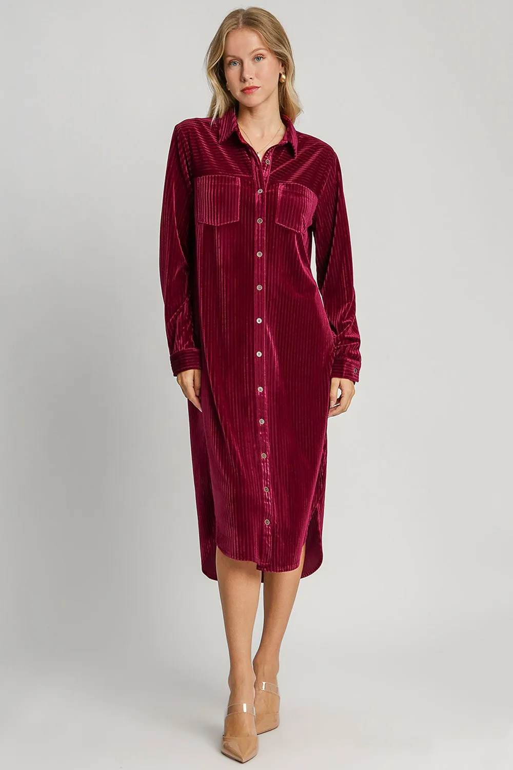 Hazel Blues® |  Umgee Texture Curved Hem Button Down Shirt Dress