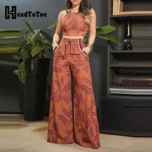 Head To Toe Leaf Print Sleeveless Top & Pants Two Piece Set