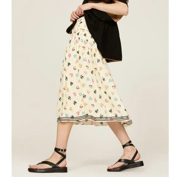 Hofmann Copenhagen Elina Heart Print Skirt Yellow Pleated Elastic Waist Sz 2