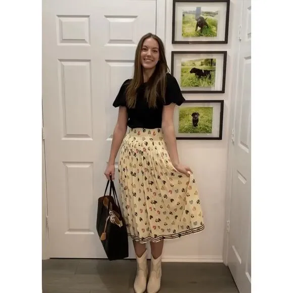 Hofmann Copenhagen Elina Heart Print Skirt Yellow Pleated Elastic Waist Sz 2