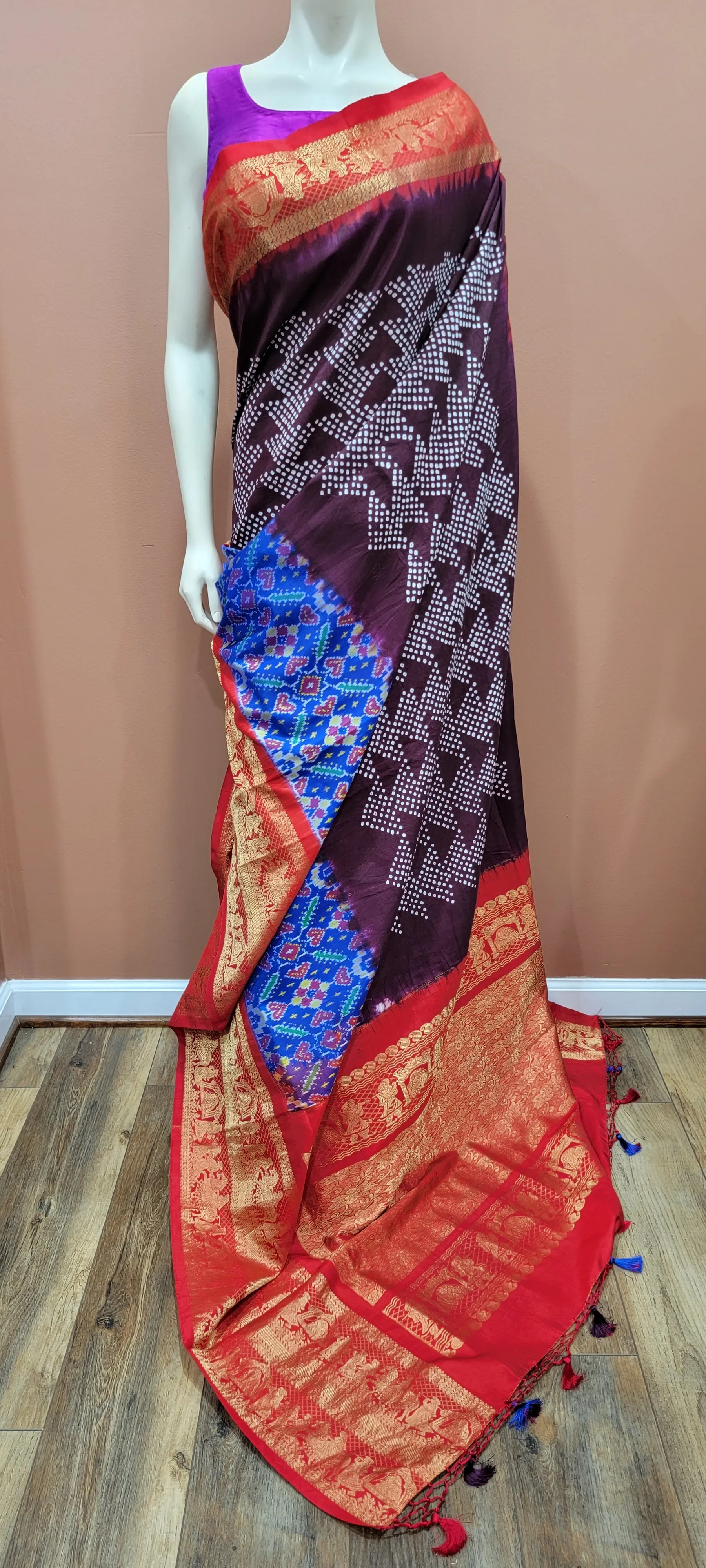 Ikkath Hand Tie Bandhini Saree Collection in Cyan and Brown