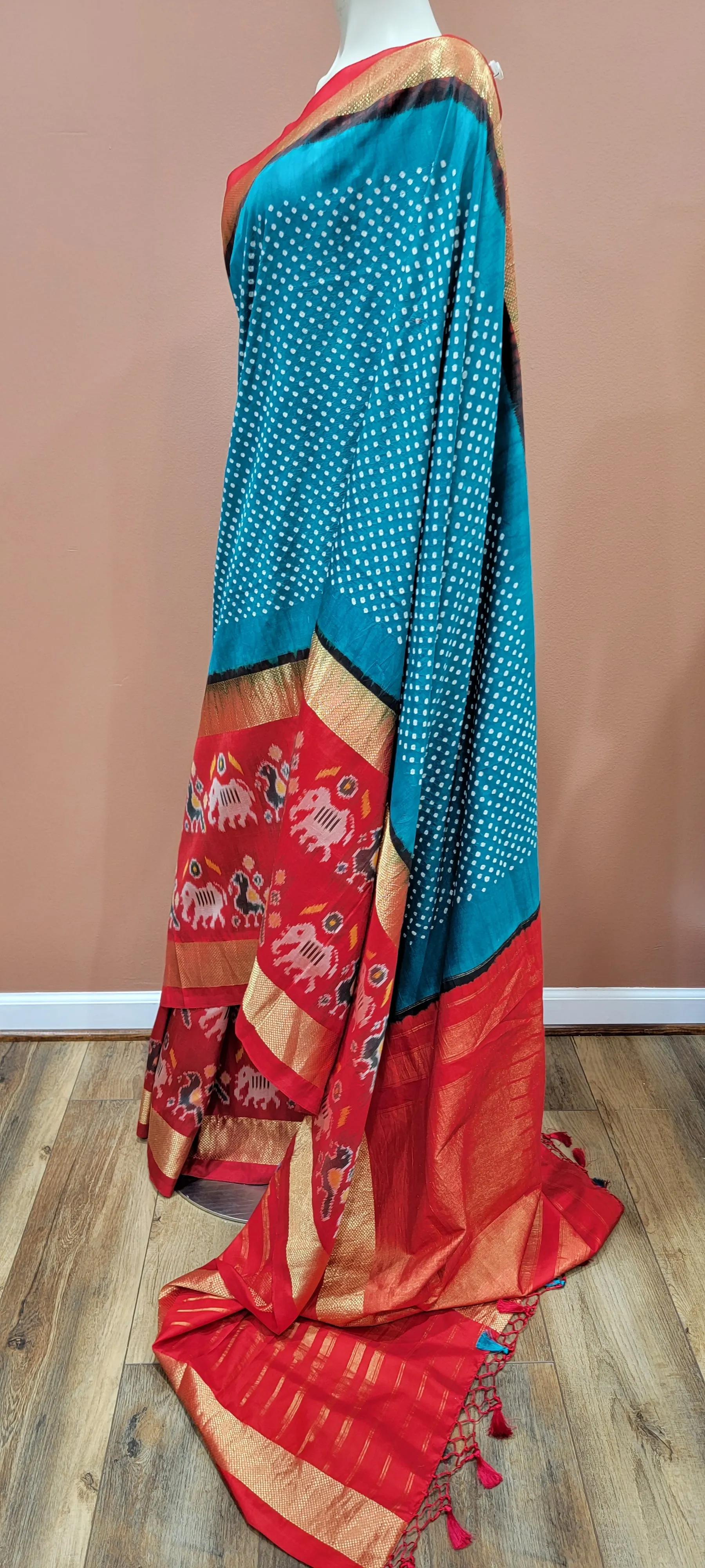 Ikkath Hand Tie Bandhini Saree Collection in Cyan and Brown