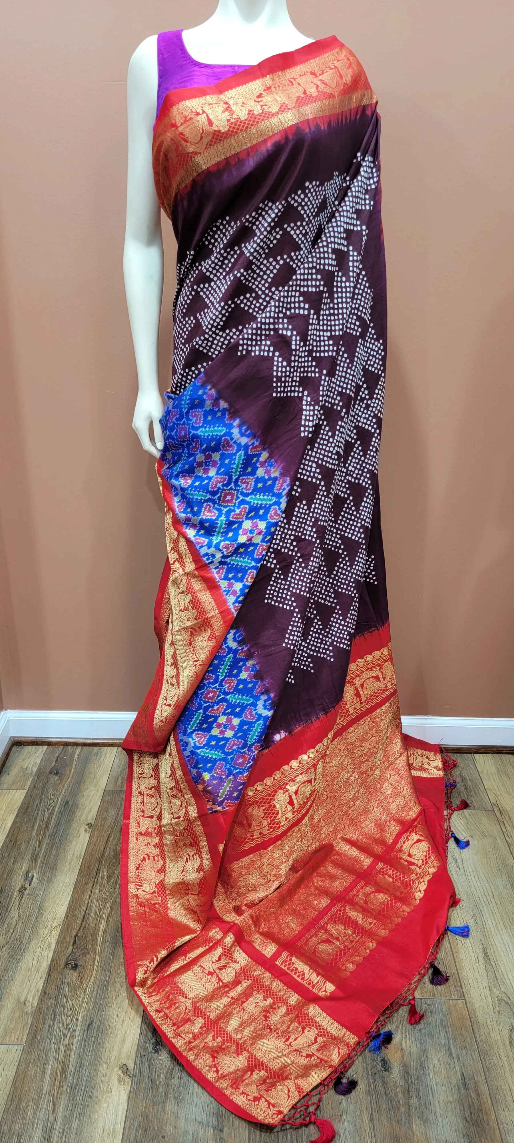Ikkath Hand Tie Bandhini Saree Collection in Cyan and Brown
