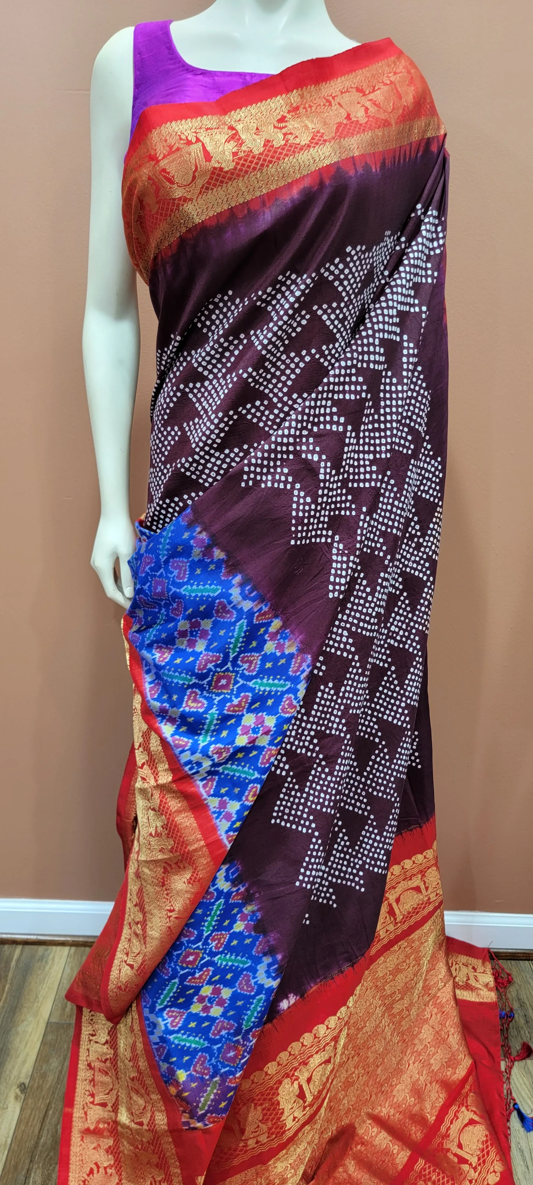 Ikkath Hand Tie Bandhini Saree Collection in Cyan and Brown