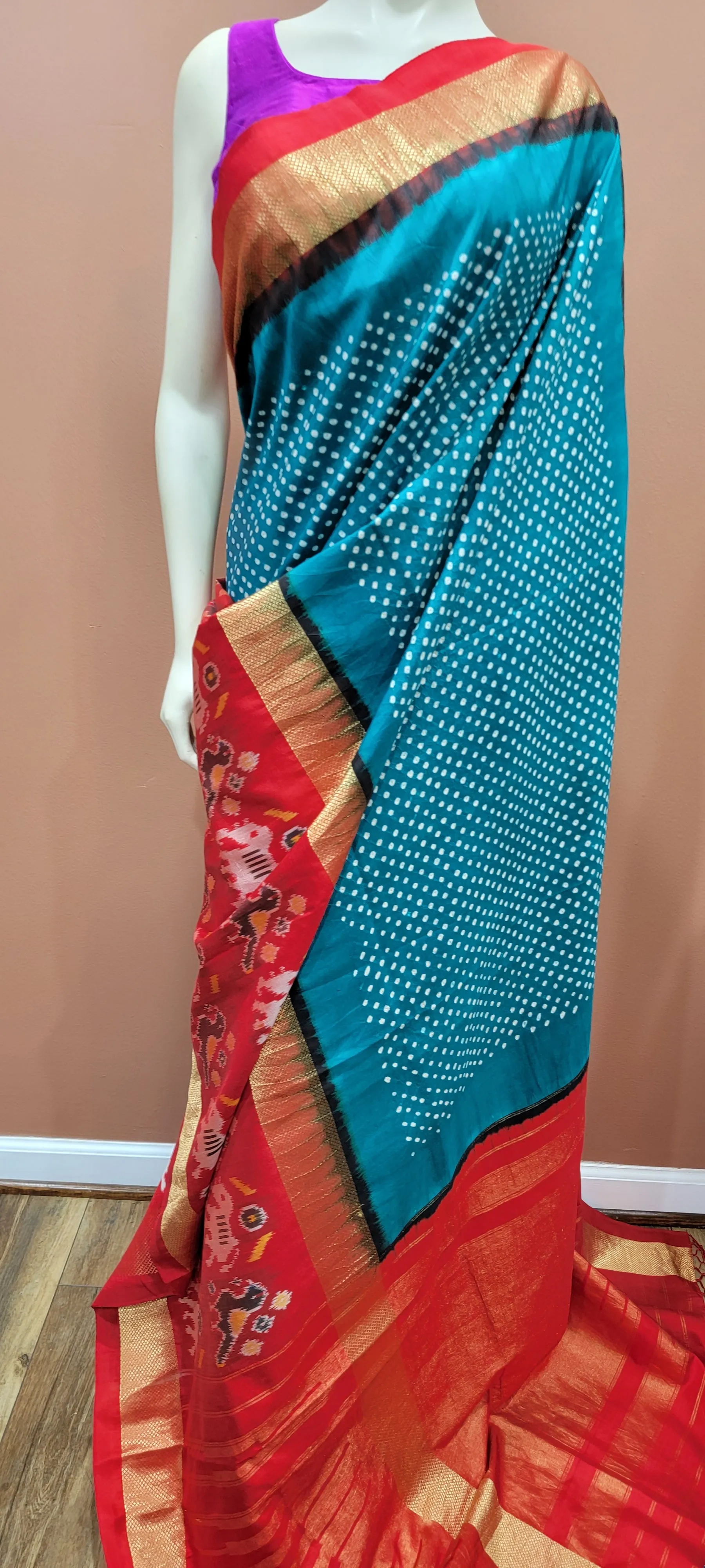 Ikkath Hand Tie Bandhini Saree Collection in Cyan and Brown
