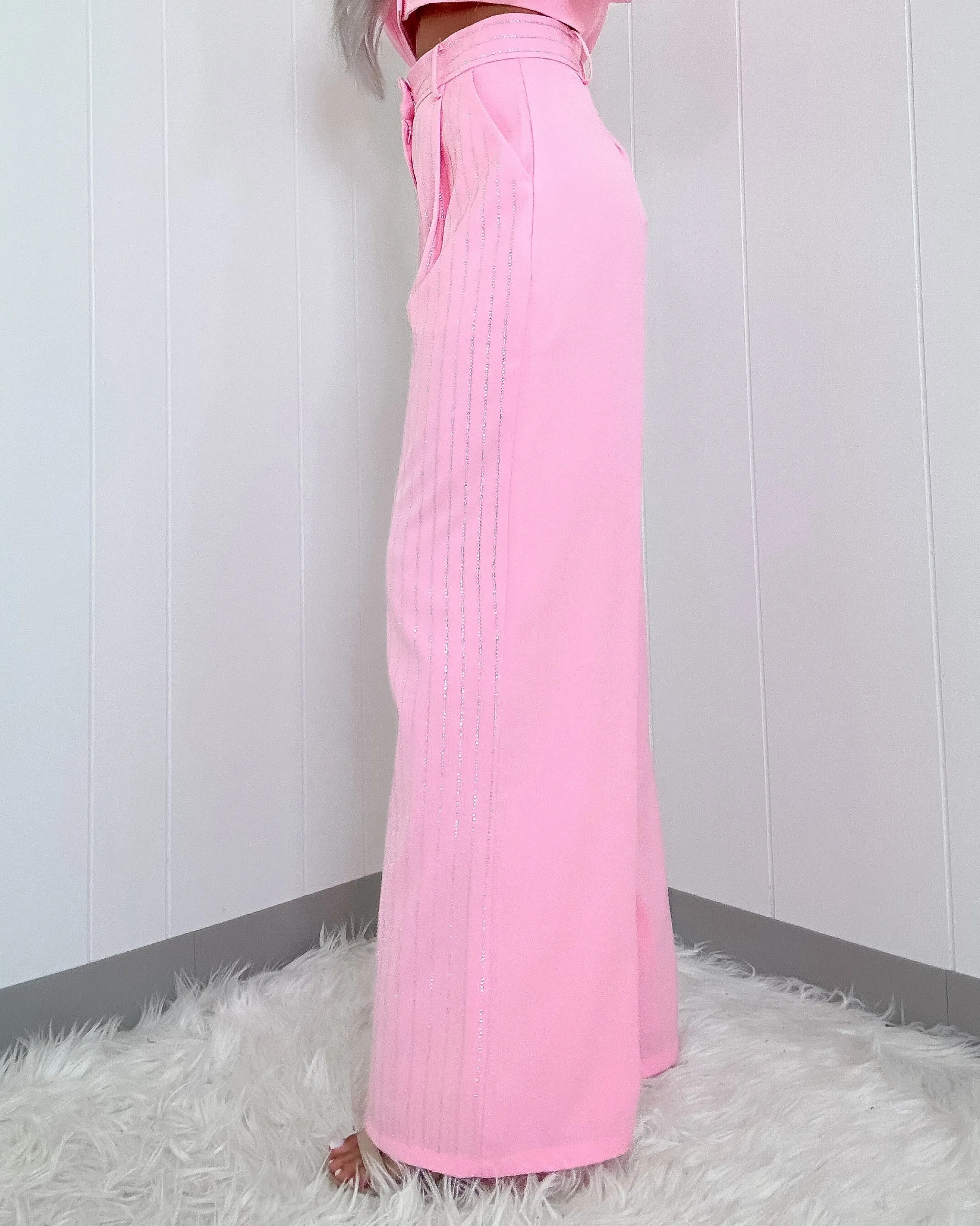 In Session Rhinestone Pin Striped Pants - Pink