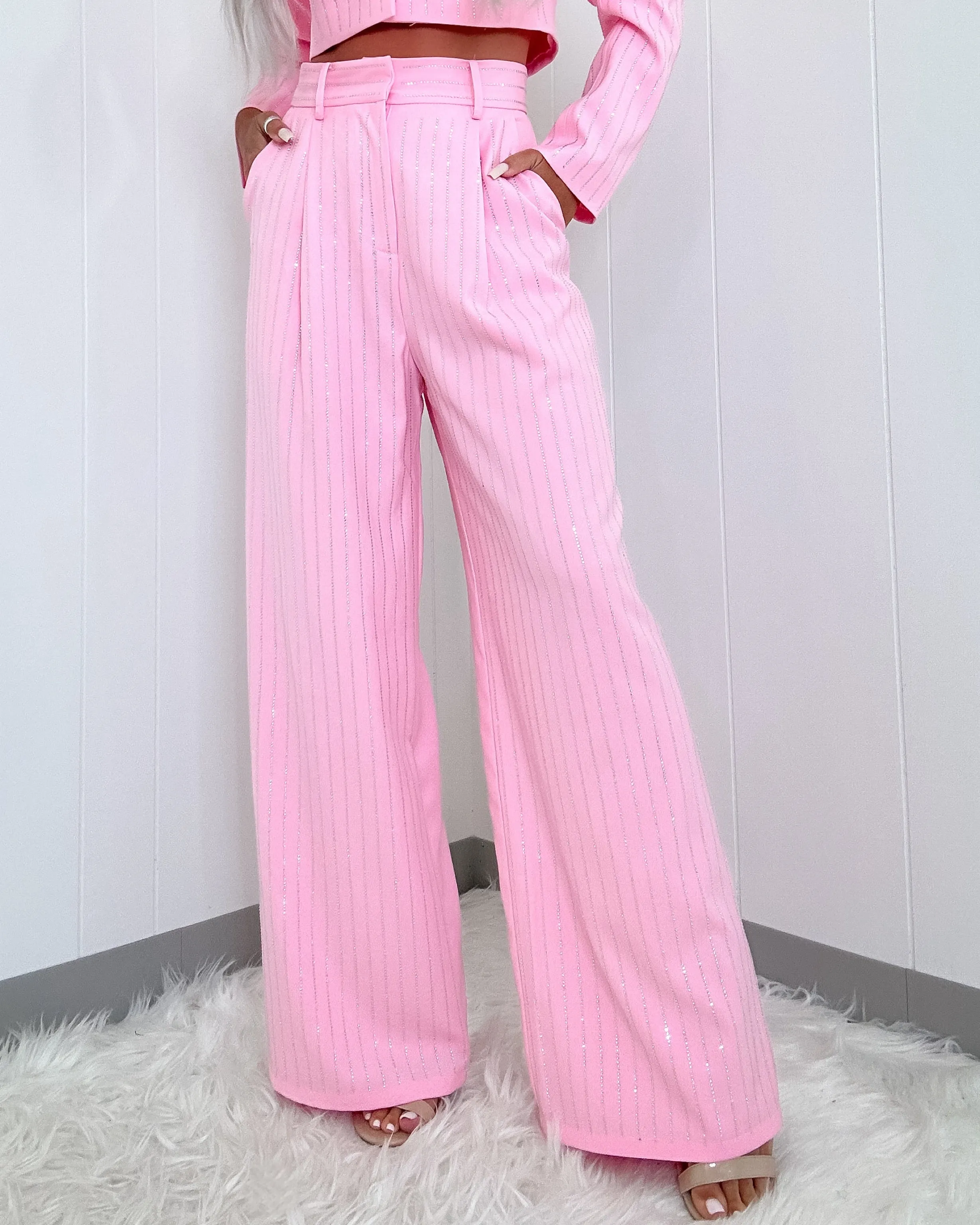 In Session Rhinestone Pin Striped Pants - Pink