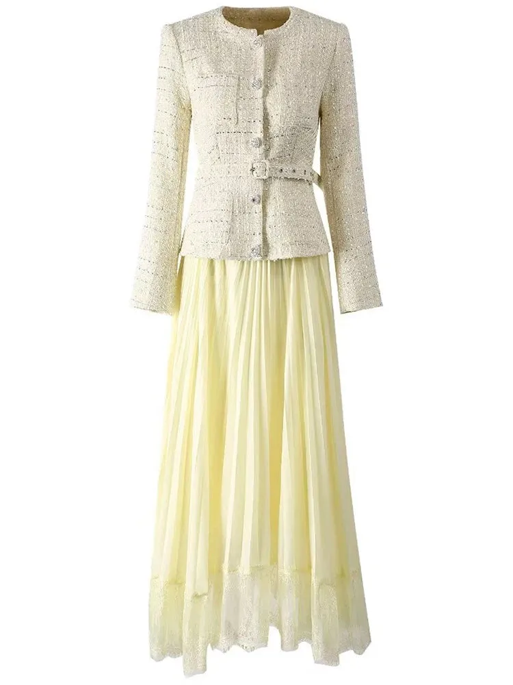 Iris Plaid Tweed Jacket   Lace Patchwork Pleated Skirt Set