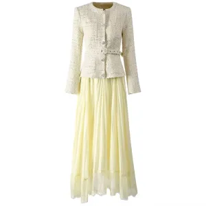 Iris Plaid Tweed Jacket   Lace Patchwork Pleated Skirt Set