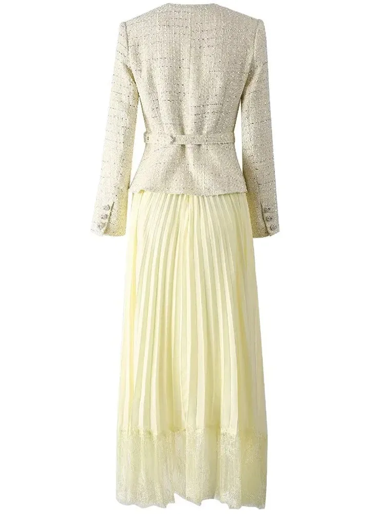 Iris Plaid Tweed Jacket   Lace Patchwork Pleated Skirt Set