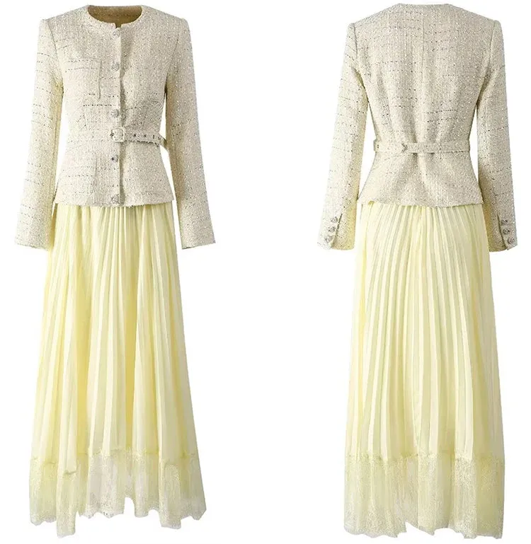 Iris Plaid Tweed Jacket   Lace Patchwork Pleated Skirt Set
