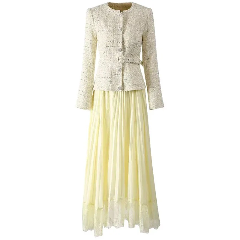 Iris Plaid Tweed Jacket   Lace Patchwork Pleated Skirt Set