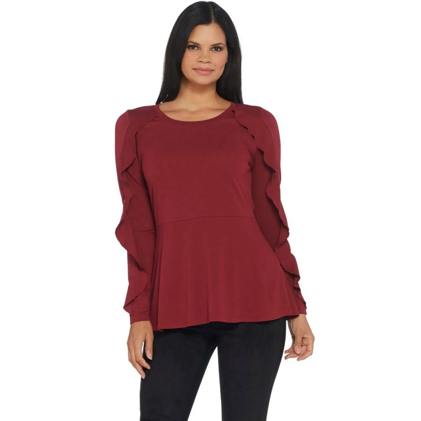Isaac Mizrahi Live! Women's Ruffle Long Sleeve Peplum Knit Top Rumba Medium
