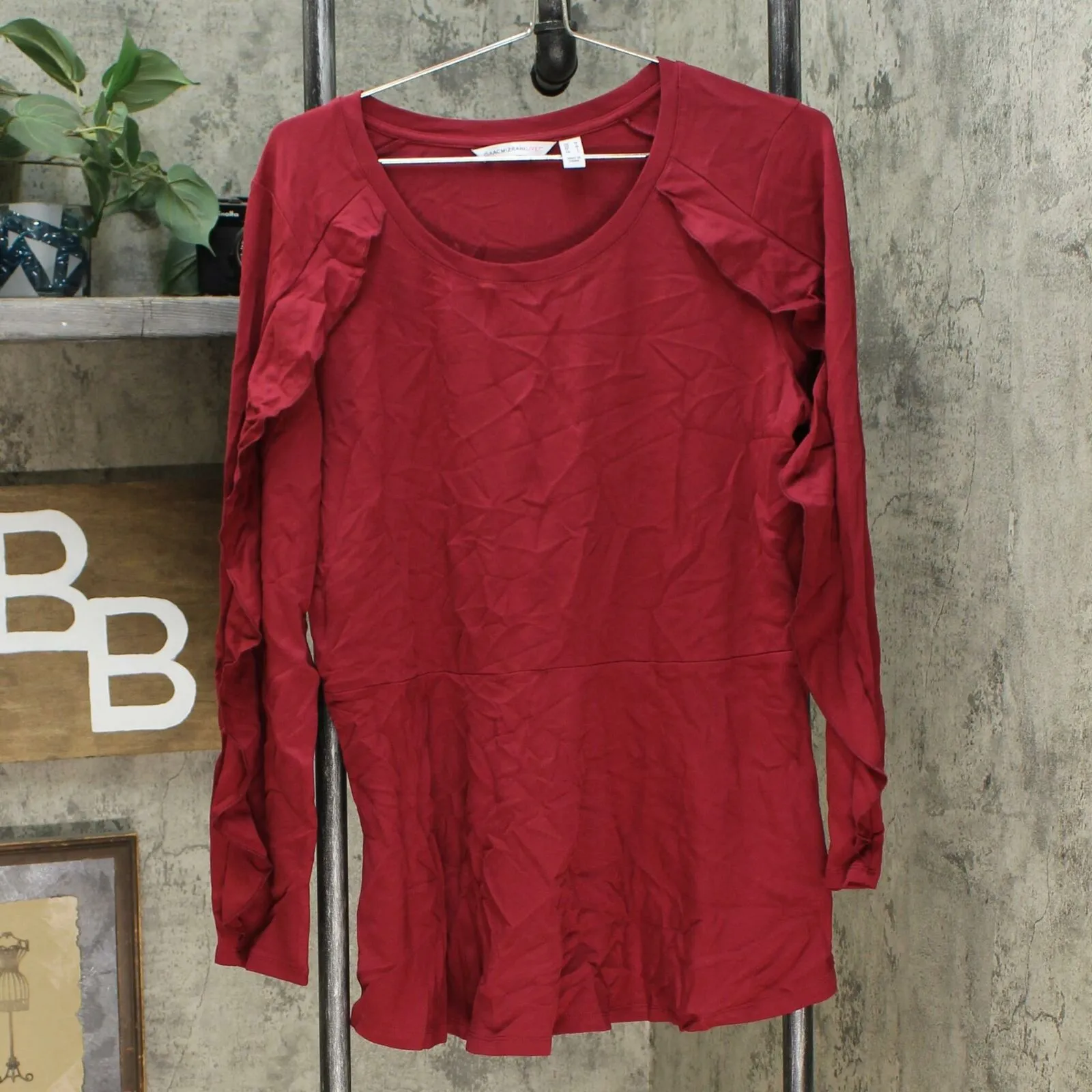 Isaac Mizrahi Live! Women's Ruffle Long Sleeve Peplum Knit Top Rumba Medium