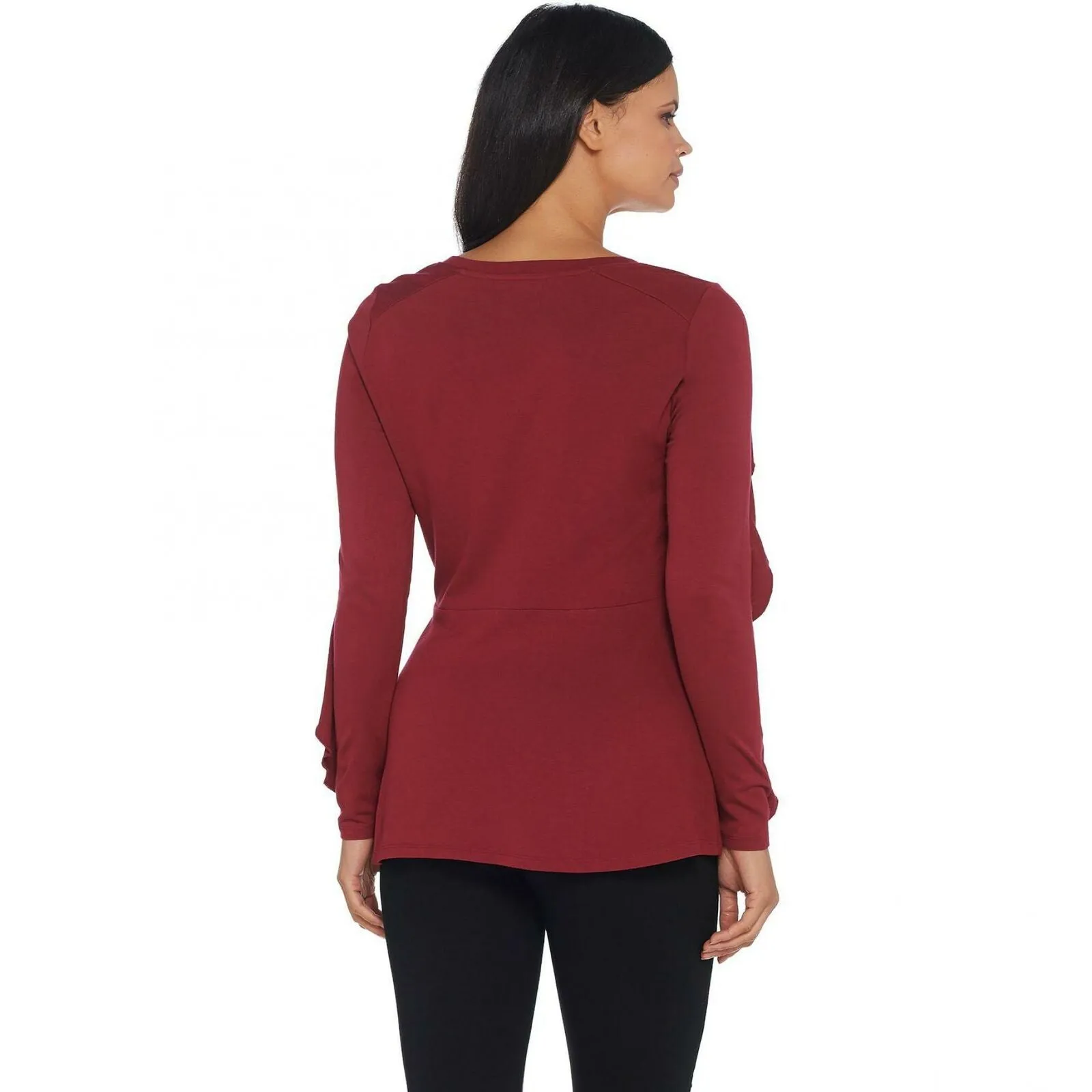 Isaac Mizrahi Live! Women's Ruffle Long Sleeve Peplum Knit Top Rumba Medium