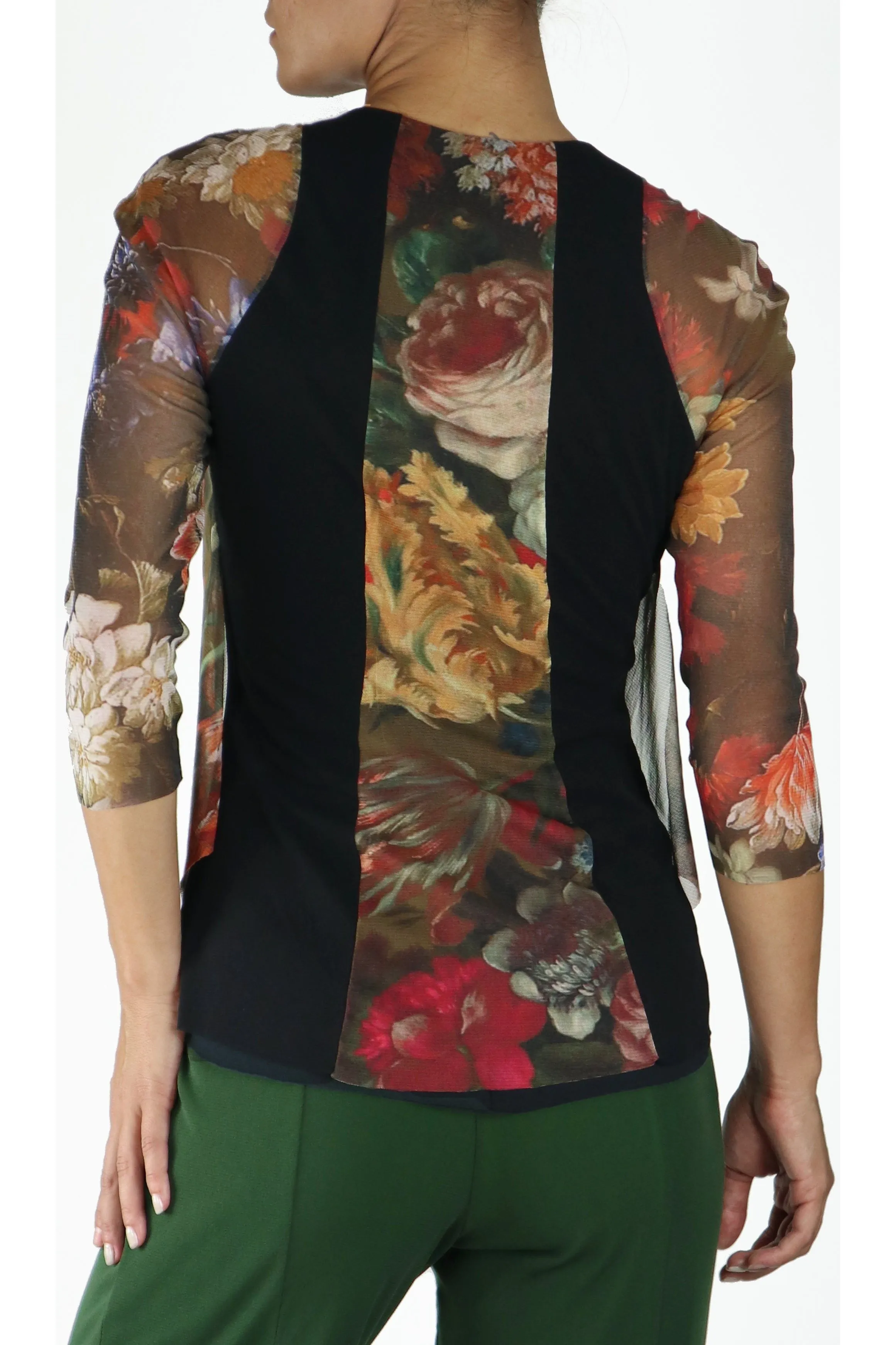 IVANNA V-Neck 3/4 Sheer Mesh Sleeves Top W/ Pleated Waterfall Overlay