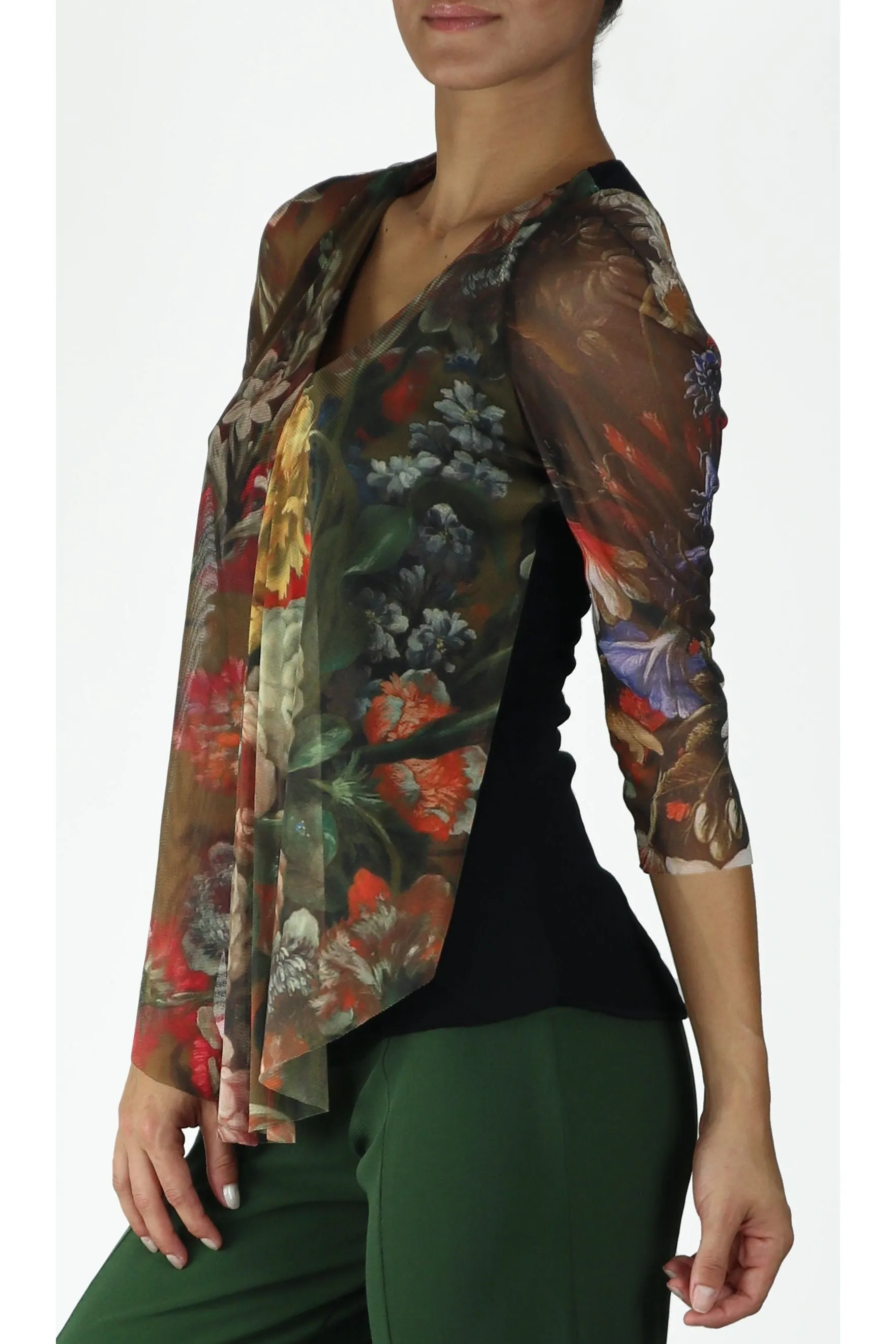 IVANNA V-Neck 3/4 Sheer Mesh Sleeves Top W/ Pleated Waterfall Overlay