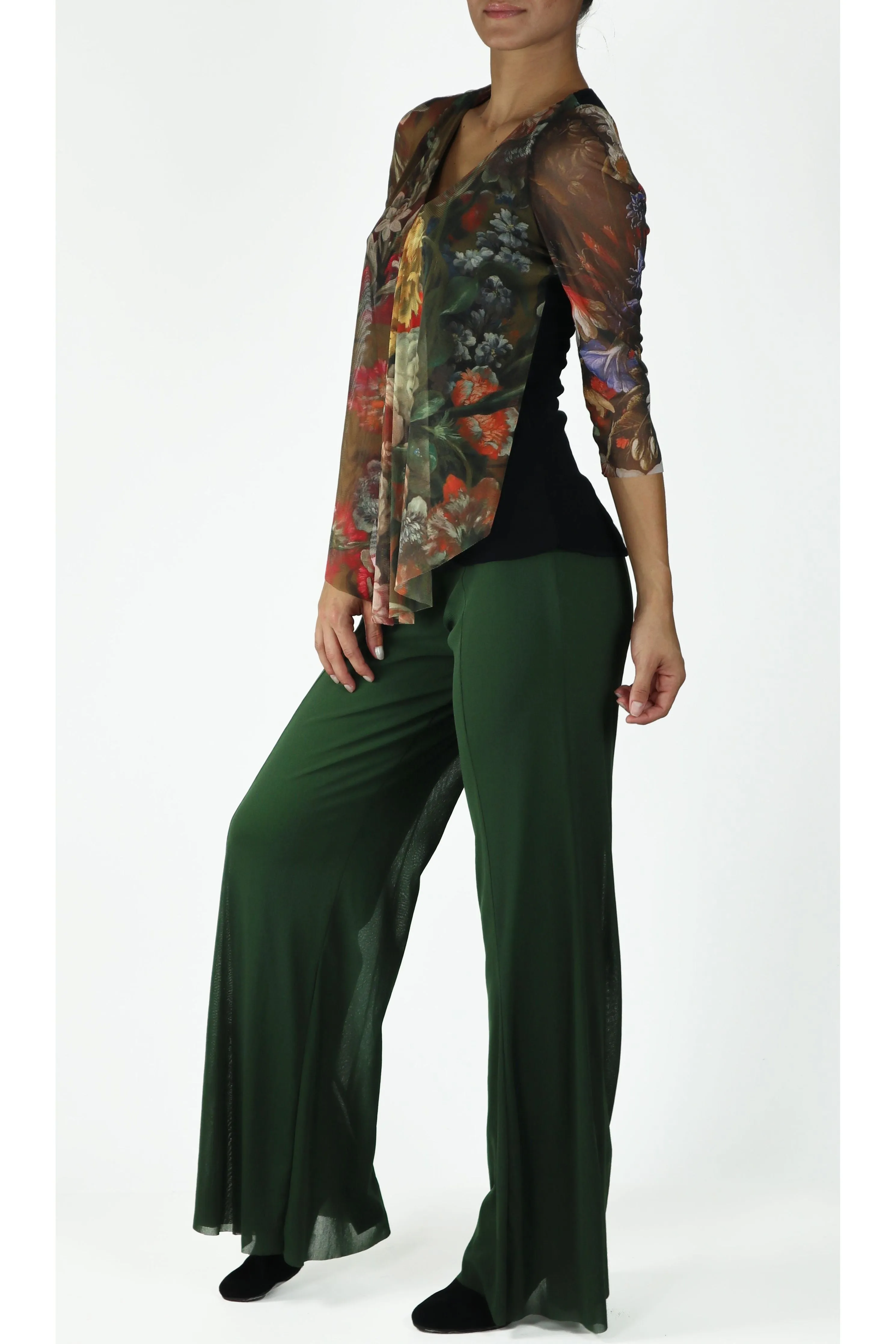 IVANNA V-Neck 3/4 Sheer Mesh Sleeves Top W/ Pleated Waterfall Overlay