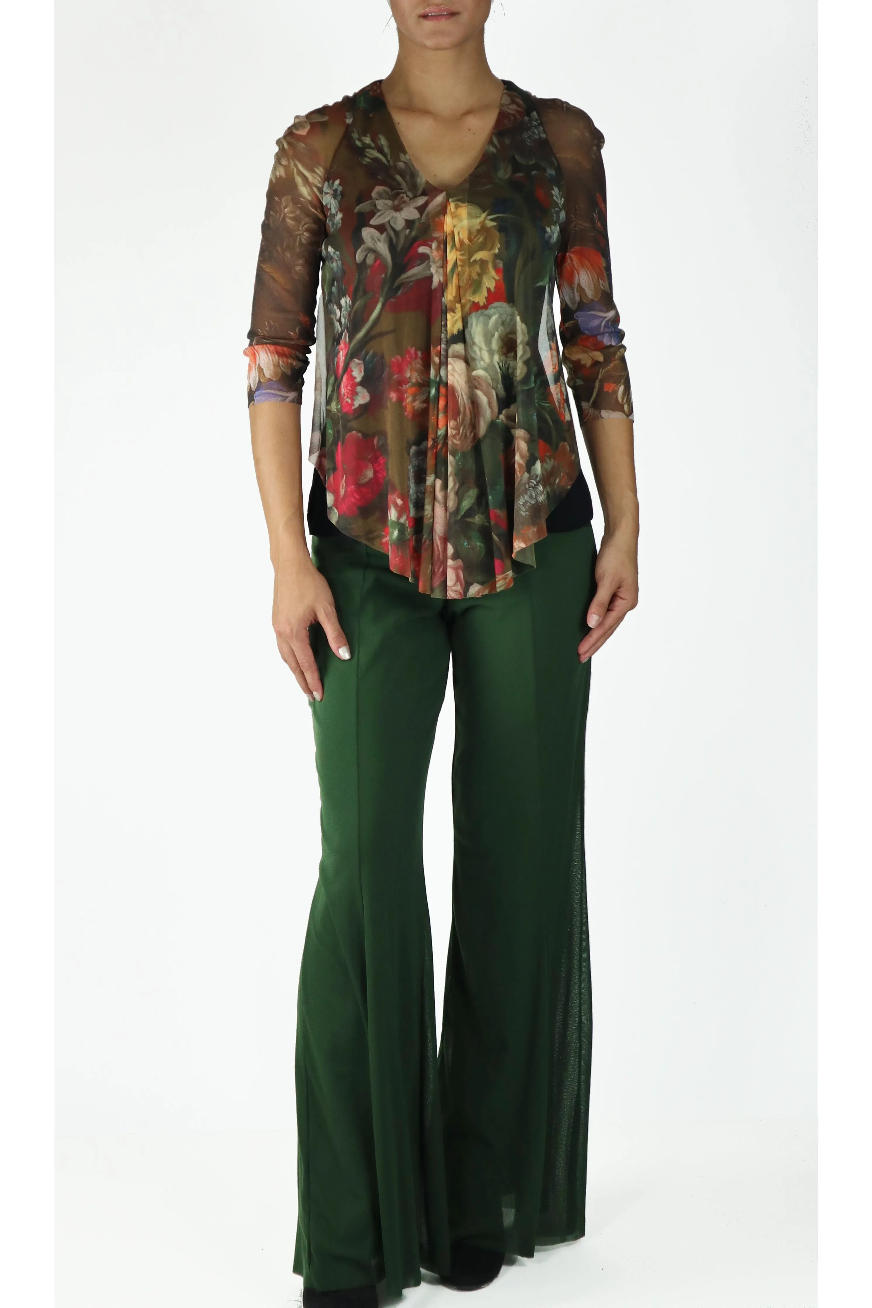 IVANNA V-Neck 3/4 Sheer Mesh Sleeves Top W/ Pleated Waterfall Overlay