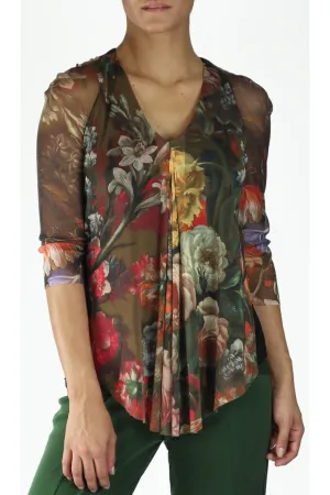 IVANNA V-Neck 3/4 Sheer Mesh Sleeves Top W/ Pleated Waterfall Overlay