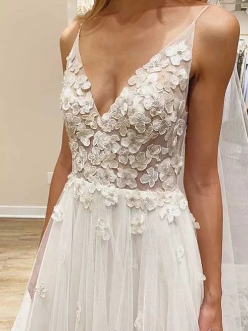 Ivory Flowers Wedding Dress with Unlined Bodice and V-neck Neckline,MW417