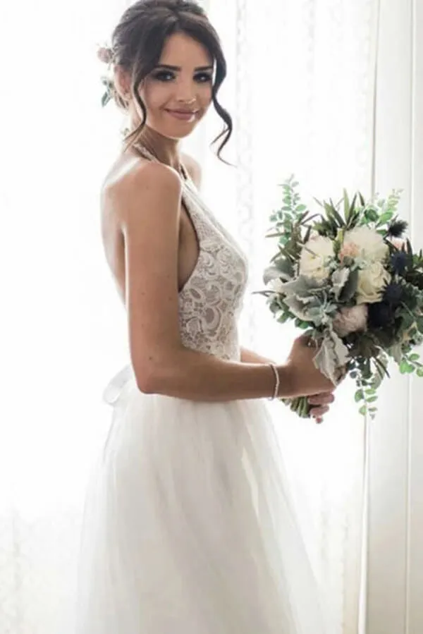 Ivory Tulle Lace A-Line Round Neck Wedding Dress With Sweep Train, SW364