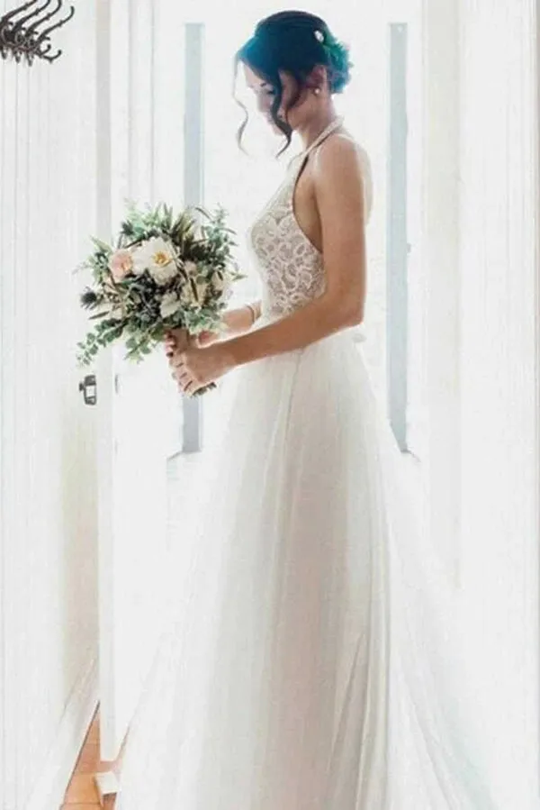 Ivory Tulle Lace A-Line Round Neck Wedding Dress With Sweep Train, SW364