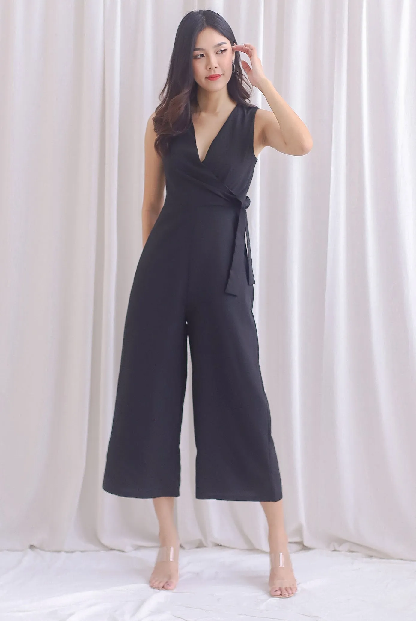 Ivy Faux Wrap Tie Jumpsuit In Black