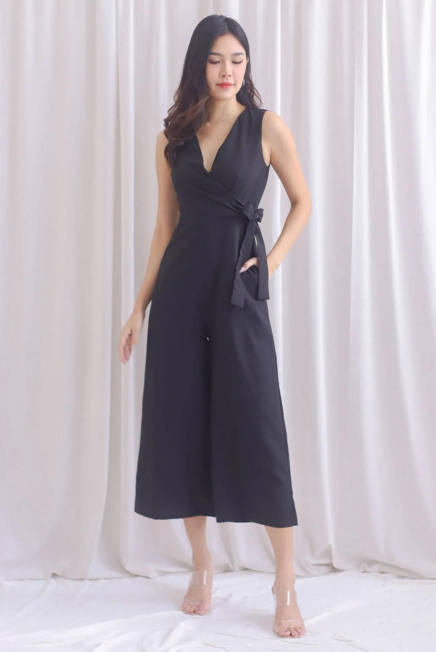 Ivy Faux Wrap Tie Jumpsuit In Black