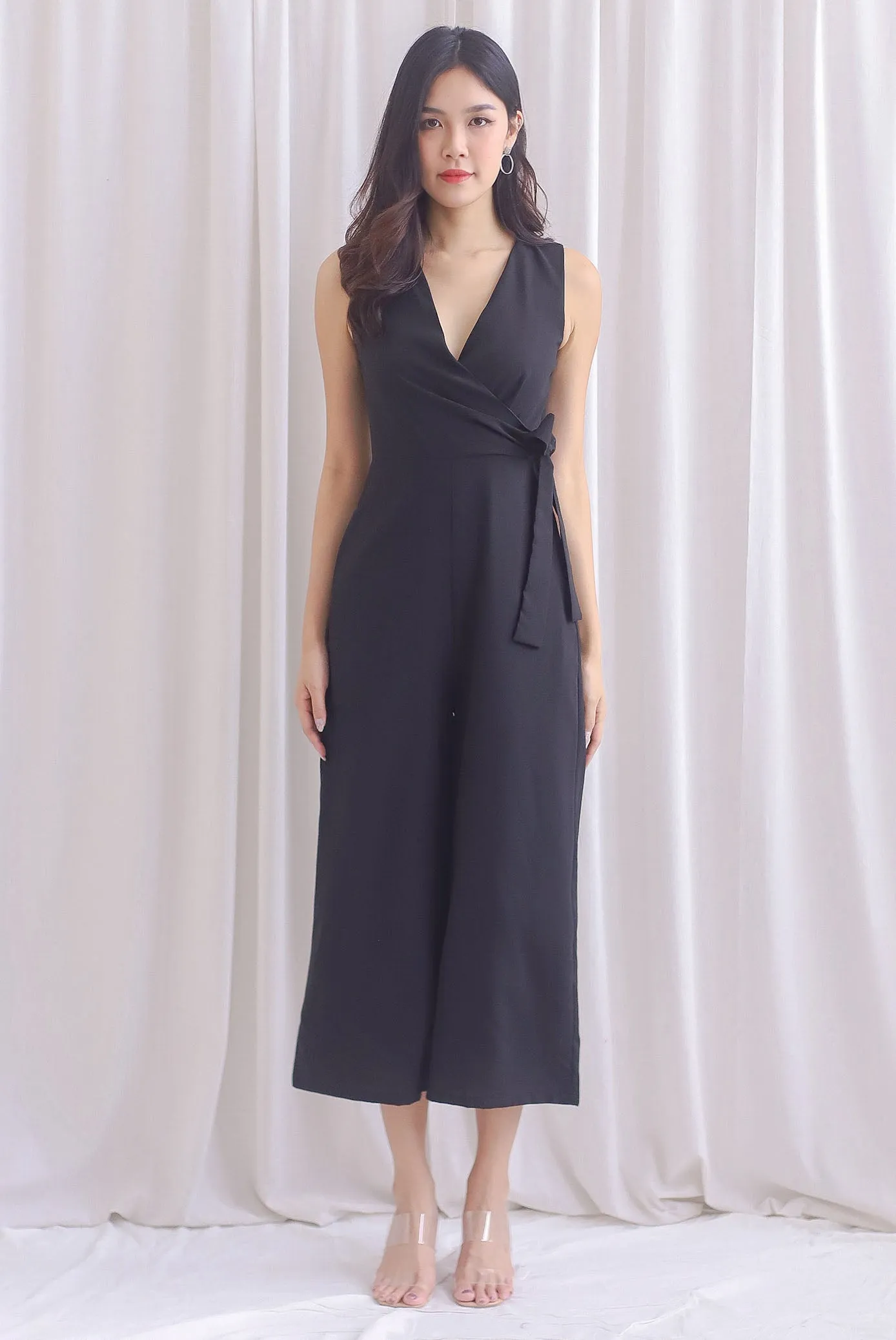 Ivy Faux Wrap Tie Jumpsuit In Black