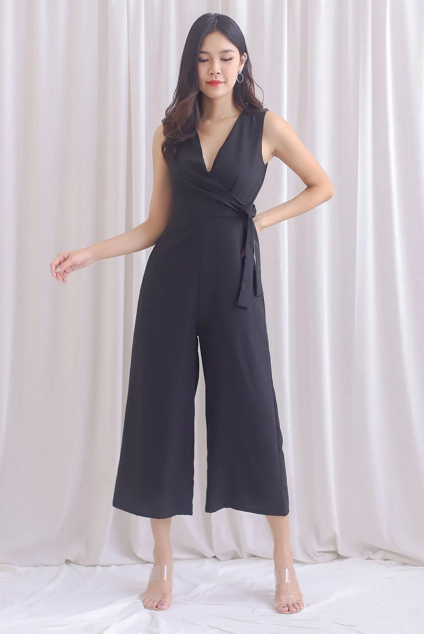 Ivy Faux Wrap Tie Jumpsuit In Black