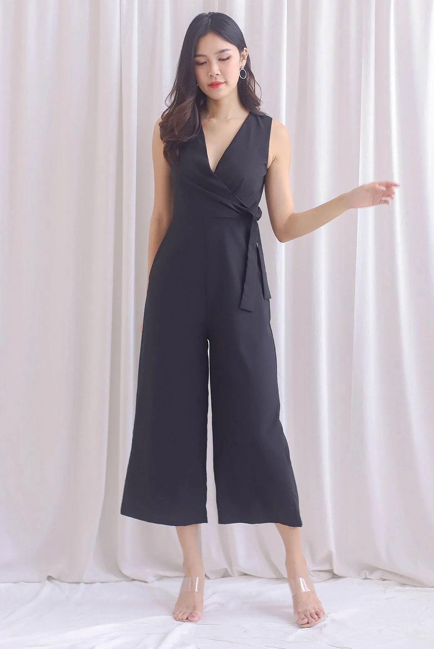 Ivy Faux Wrap Tie Jumpsuit In Black