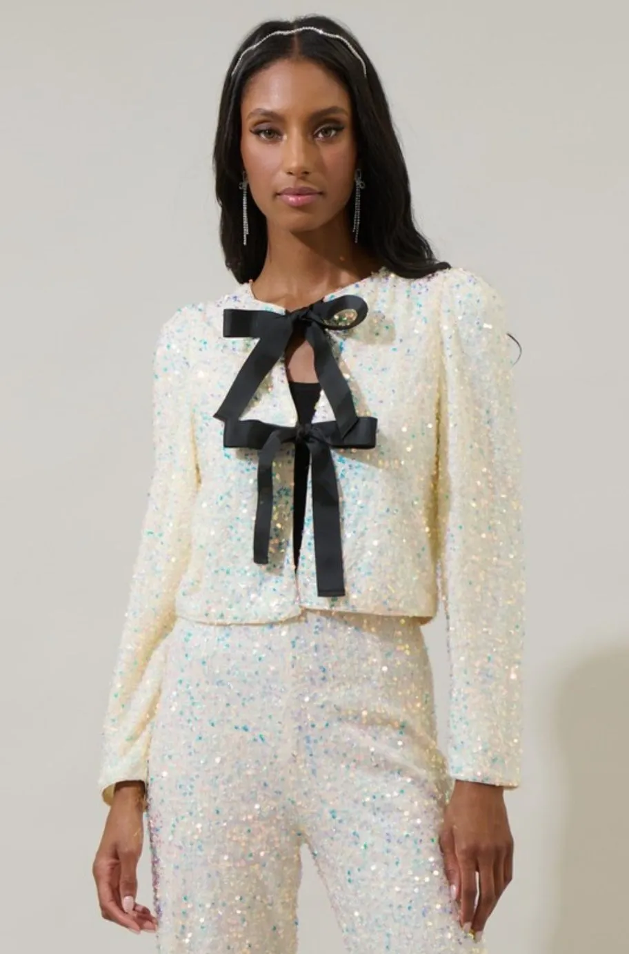 Josie White Sequin Bow Tie Cardigan
