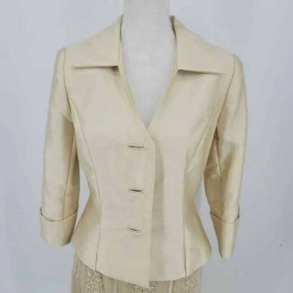 Jovani Silk Skirt Suit Beige Lace Beaded 6 *Flaw