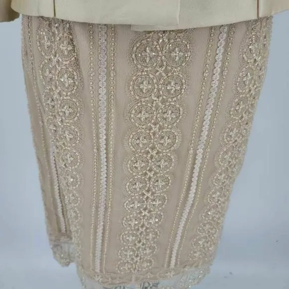 Jovani Silk Skirt Suit Beige Lace Beaded 6 *Flaw