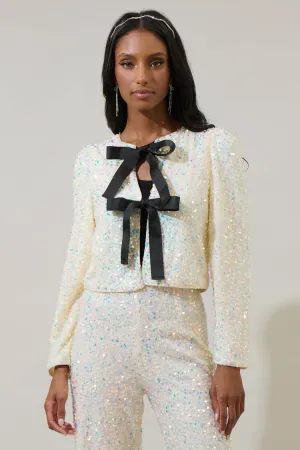 Katy Sequin Bow Tie Cardigan: White