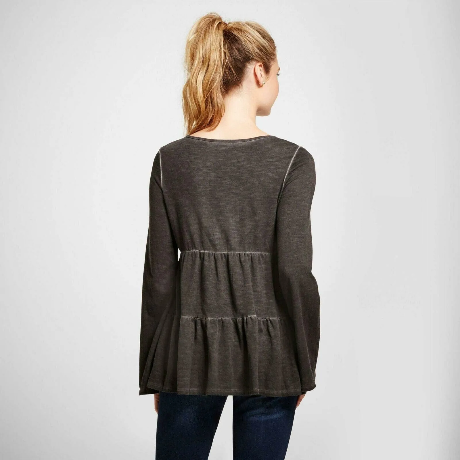 Knox Rose Women's Long Sleeve Oil Wash Knit Peplum Top Black XS