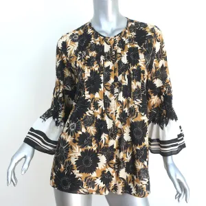 Kobi Halperin Top Mustard/Navy Floral Print Size Small Bell Sleeve Blouse