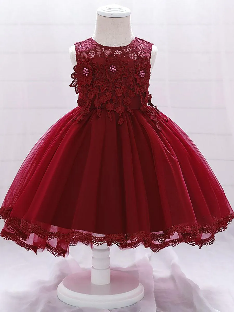Lace Appliqued Flower A-line Baby Dress MKD1016