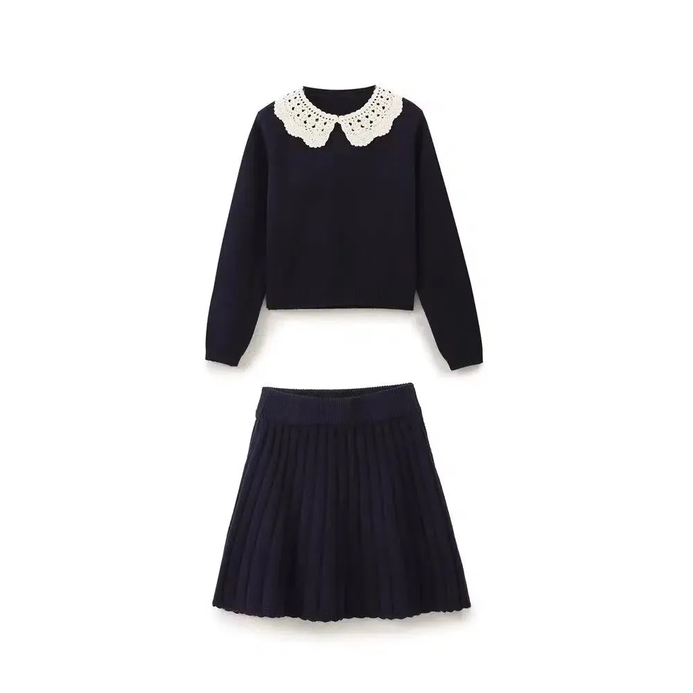 Lace Collar Knit Sweater Pleated Skirt Set