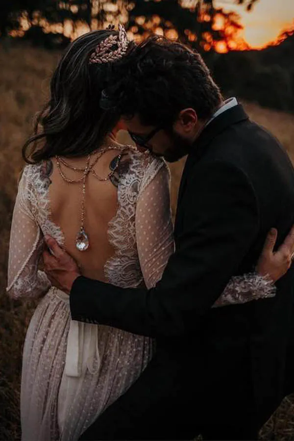 Lace Polka Dot Boho with Sleeves Bohemian Wedding Dress,MW274