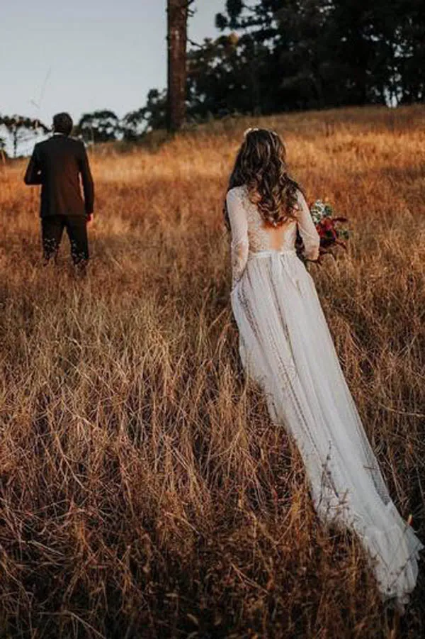 Lace Polka Dot Boho with Sleeves Bohemian Wedding Dress,MW274