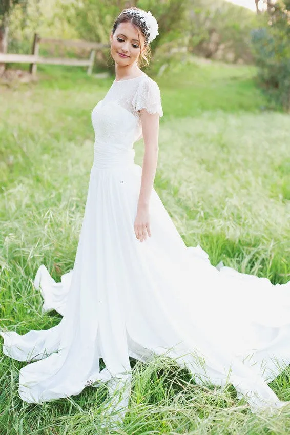 Lace Short Sleeves Bride Dress with Chiffon Skirt
