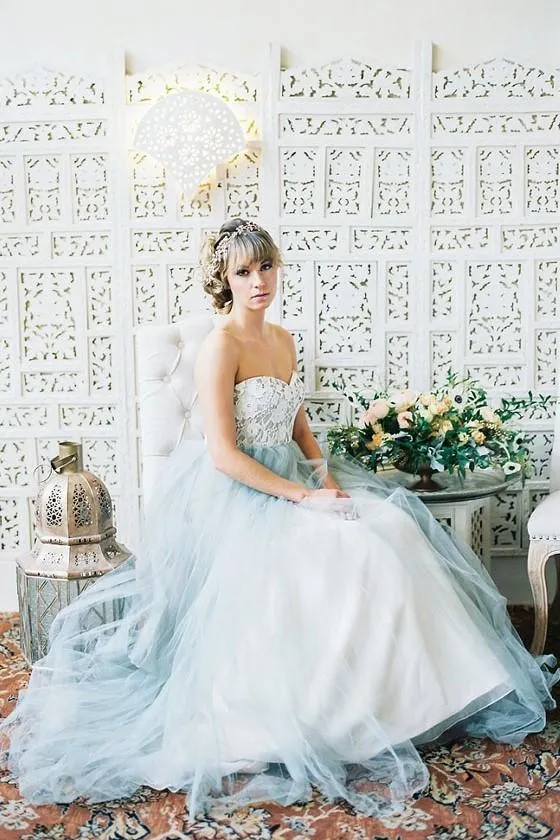 Lace Strapless Wedding Gown Dusty Blue Tulle Skirt
